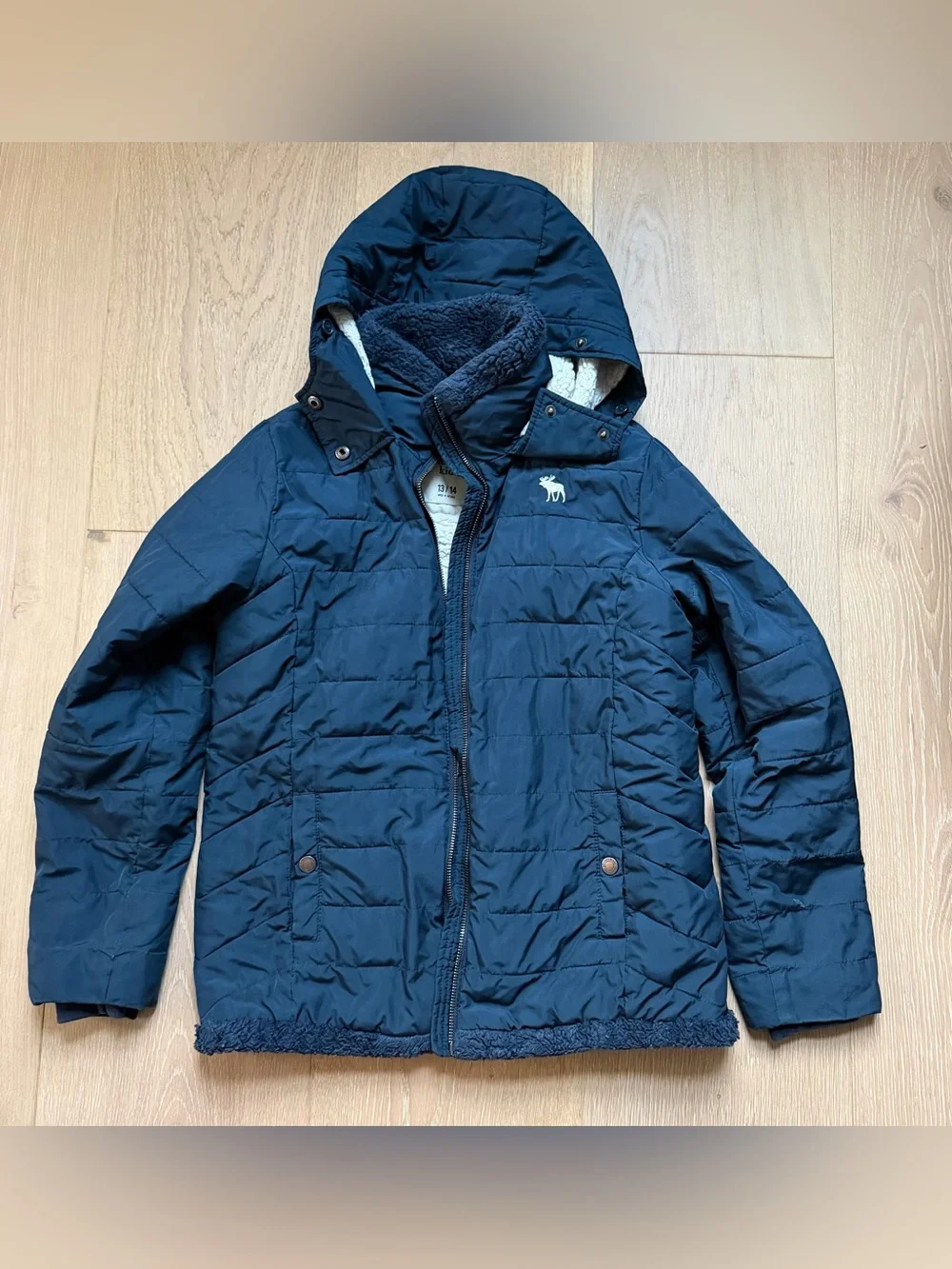 abercrombie kids navy blue puffer coat with hood